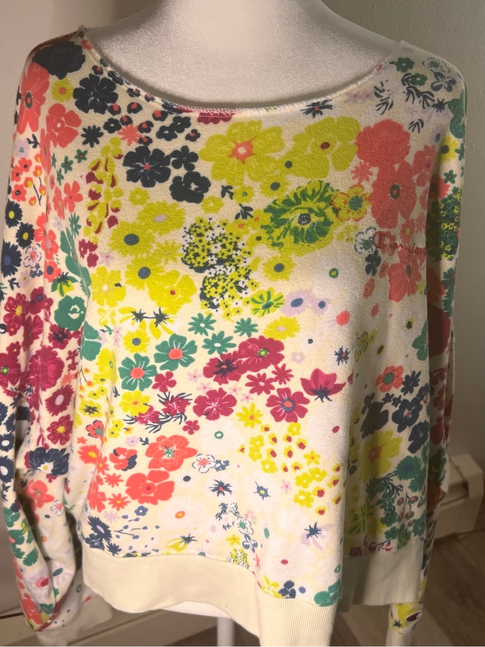 Champion Scoopneck Sweater in White with Coral, Lime, Teal & Navy Floral Print